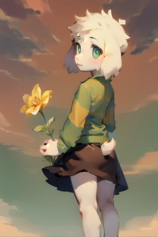 1boy, kid, green eyes, green t-shirt, sky, brown skirt, tail, backview, flower 