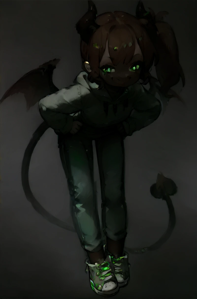 1 girl, full body, brown side ponytail, green eyes, sinister smile, demonic horns, gray hoodie, demonic tail, hands on hips, leaning forward, tights, jeans, sneakers, monochrome background, demonic wings, illustration style, (brown hair)，Light background