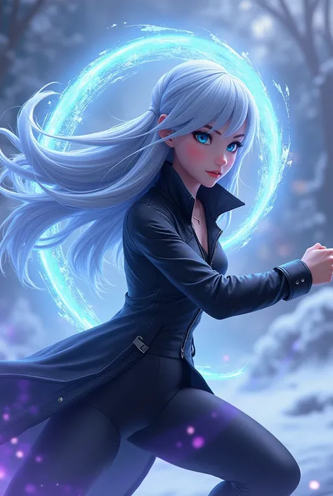 A medium shot in 3D anime style of Princess Elsa in anime infinity style in ninja pose, with an infinity background. Elsa wears a chic black jacket with zipper and has long, grey-blue hair. She is in a dynamic pose, with their iconic ice powers, which form...