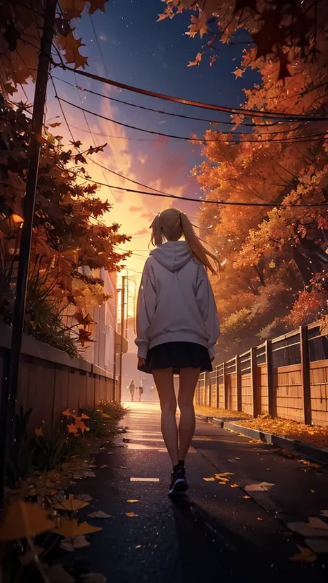 １people々々々々々々々々々々々々々々々々,Blonde long hair woman，White hoodie， Mini skirt silhouette， Rear View， Anime Style,evening， Ginkgo Tree Line in Autumn，，night，Autumn cityscape，