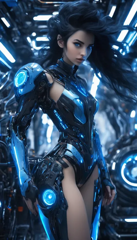 woman, Mechanical Blue Body ，Best Quality, masterpiece 8k,Futuristic spaceship interior，サイバーブルースーツを着たwoman，Black Hair，blue eyes，Shortcuts, Best Quality, High resolution, , blue eyes, 