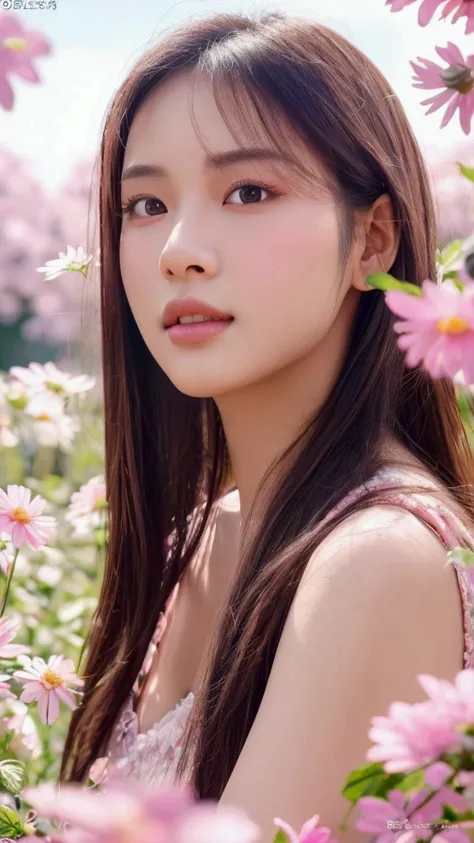 a beautiful young Thai woman, beautiful detailed eyes, beautiful detailed lips, extremely detailed eyes and face, long eyelashes, sitting in a field of pink flowers, holding a bunch of purple daisies in her hand, pink bow in her hair, blue sky, white cloud...