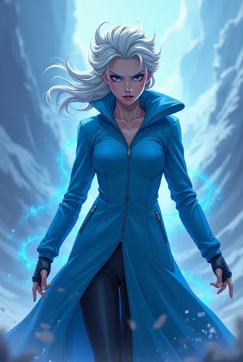 In combat mode Princess Elsa Naughty Evil Mein in Infinity Anime style Blue jacket Zip 