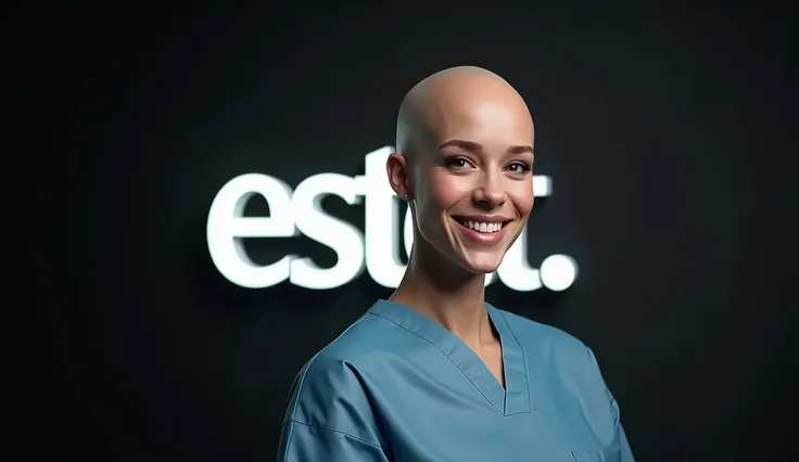 professional photography, realistic photography, studio light, thin dentist in a dental gown, smiles a beautiful snow-white smile, The head is bald, flattened at the top, Stands half sideways, black background, at the back there is a sign ESTET in white th...