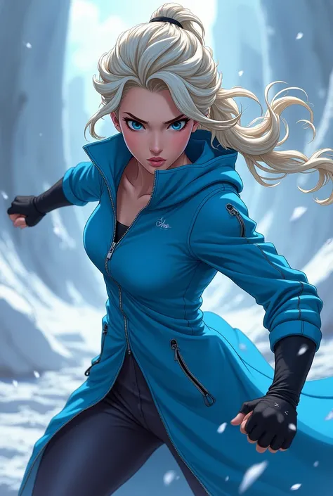 In combat mode From Disney Princess Elsa Frech Böse Mein Blue Jacket Zip In Infinity Anime Style Ninja style 