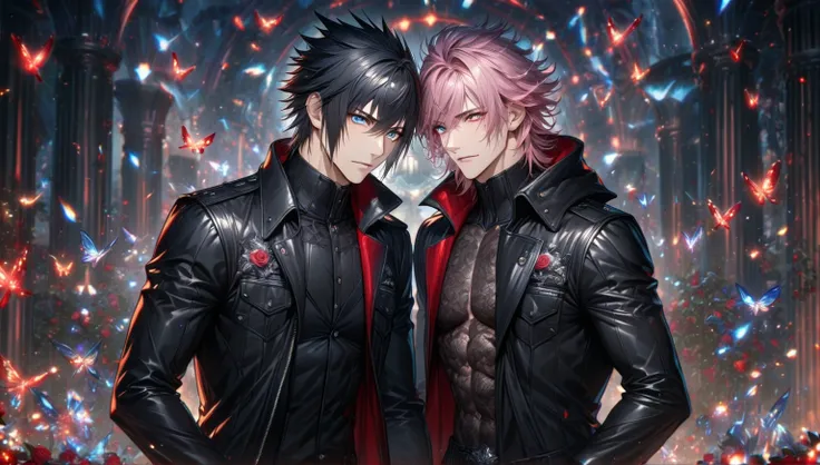 absurdres, highres, ultra detailed, HDR, master piece, best quality, extremely detailed, detailed eyes, detailed face, Noctis Lucis Caelum, black hair, expressive blue eyes, Final Fantasy XV, Nair, pink hair, messy hair, expressive red eyes, two sexy men t...