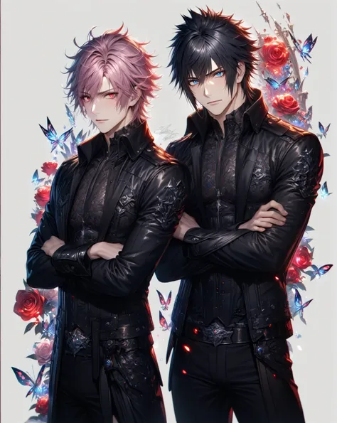 absurdres, highres, ultra detailed, HDR, master piece, best quality, extremely detailed, detailed eyes, detailed face, Noctis Lucis Caelum, black hair, expressive blue eyes, Final Fantasy XV, Nair, pink hair, messy hair, expressive red eyes, two sexy men t...