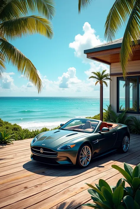 4. Beach House with a Convertible: A seaside house with a wooden deck and ocean views, with a convertible parked out front.