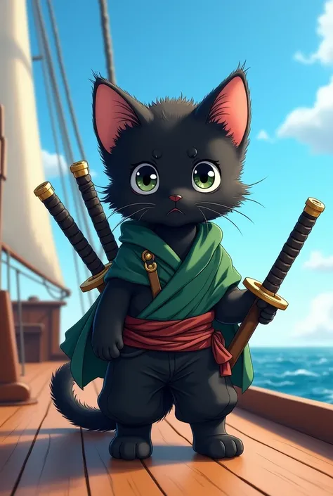 A cute black kitten dressed as Roronoa Zoro、On the ship、Clear skies、Hot sunshine、(((Realistic:1.2)))