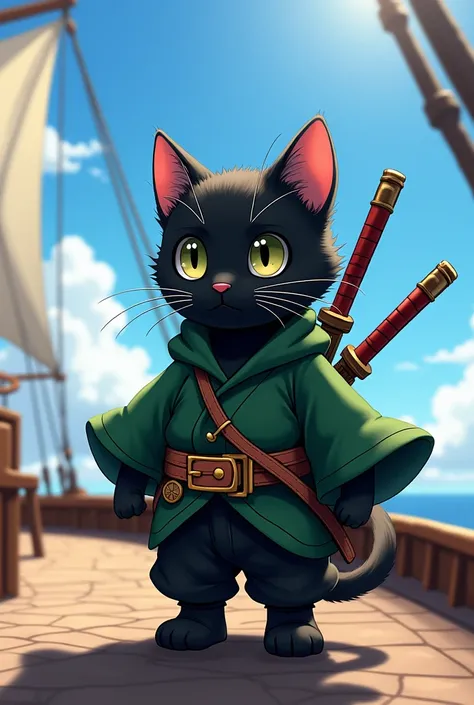 A cute black kitten dressed as Roronoa Zoro、On the ship、Clear skies、Hot sunshine、(((Realistic:1.2)))