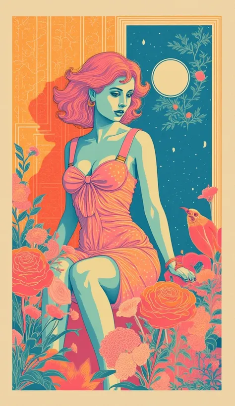 risograph, beautiful woman in a stylish dress