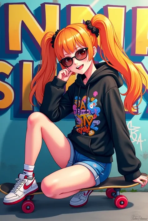 「Bright illustration in anime style。A girl with orange twin tails is sitting on a skateboard。She wears sunglasses、The black hoodie has flashy graphics on it.、She is wearing denim shorts and colorful sneakers。In the background is a graffiti-covered urban wa...