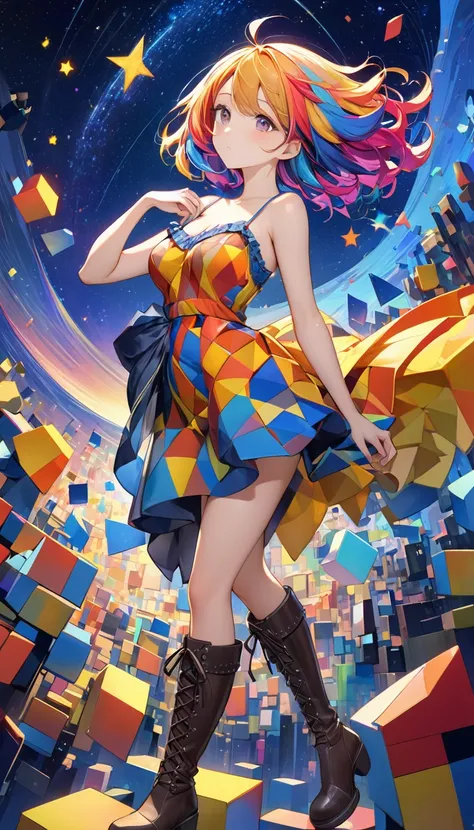 最high quality, high quality, 16k, Unbelievably absurd, Very detailed, delicate and dynamic, Create amazing image effects、receive、Expressionless、(Colorful Hair、Beauty、tits、dynamic、camisole、boots、Cubist Background、Night starry sky)