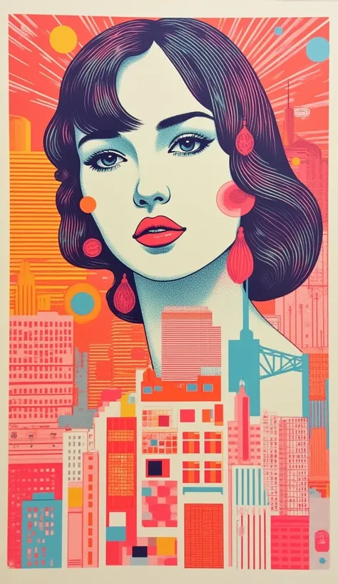 risograph, beautiful woman in a stylish dress