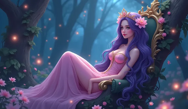 visuals, beautiful, perfect, waist level portrait Princess with long purple wavy hair and beautiful eyes, in a majestic forest, night time, cool tones, fantasy art, flower petals, scattered soft glowing orbs, alone, glowing sparkles, soft lighting, wearing...