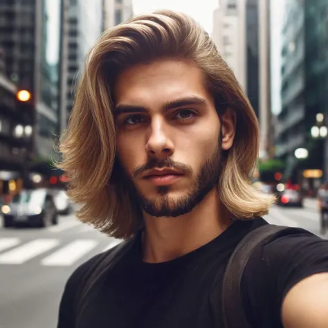 young man of about 20 years old, long blonde hair, barba loira, brown eyes, Italian features, Serious, wearing a black shirt, taking a selfie style photo with a busy avenue in downtown são paulo. Ultra realistic image style