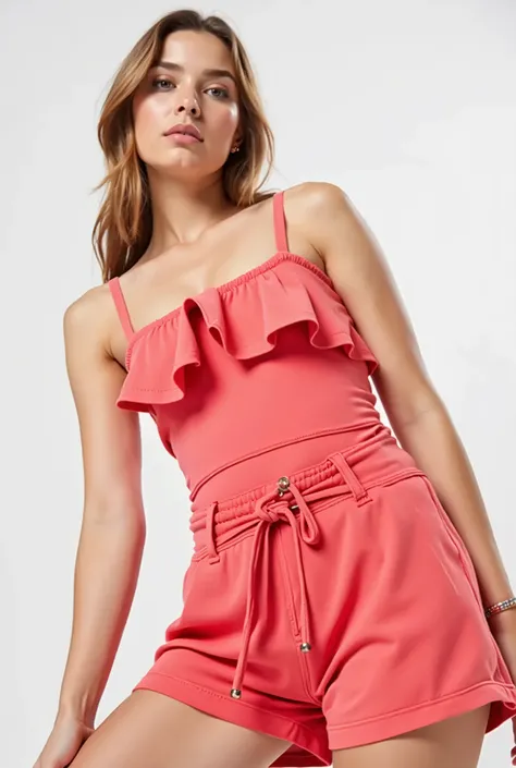 a young woman in rosa shorts and a regata posing for a picture, rosa, vermelho tank-top, rosa clothes, regata, rosa body, wearing vermelho regata, tank-top, camisola sedutora, coral vermelho, vermelho, tops sem mangas, rosa halter top, neon rosa, vestindo ...