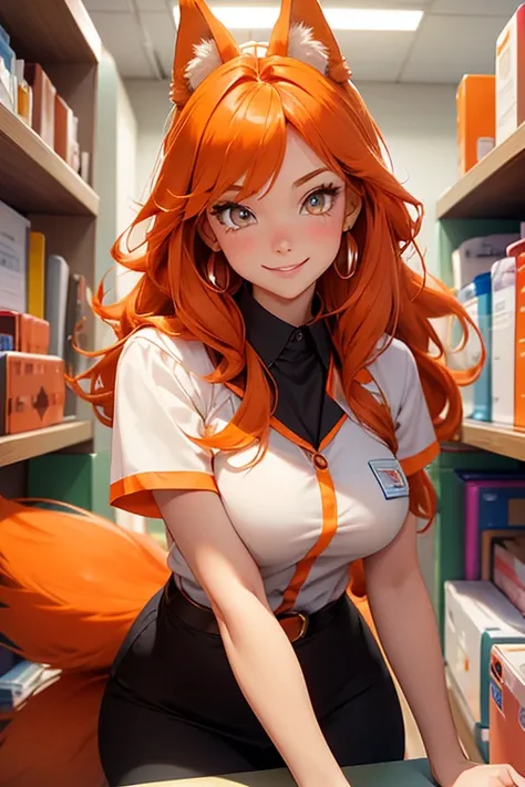 Perfect face. Perfect hands. An orange haired woman with copper eyes and an hourglass figure with orange fox ears and an orange fox tail in a school nurses uniform is smiling while organizing the medical supplies in the school nurses office
