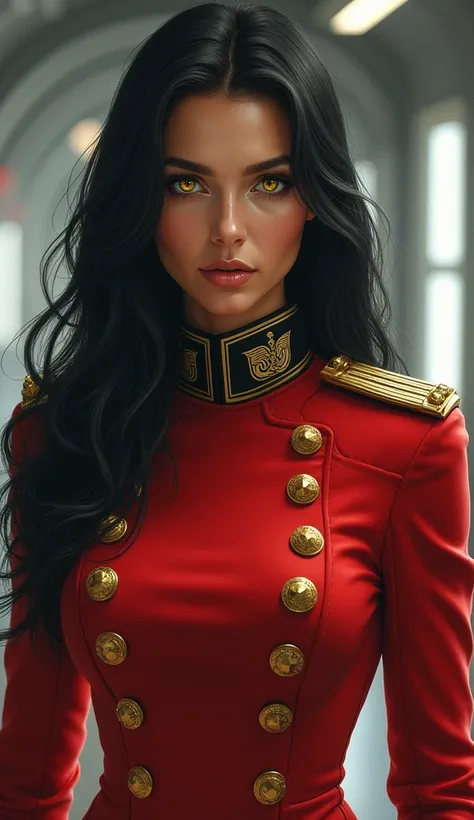 (masterpiece:1.2, The best quality), 1 right, Yoru, Alone, photorealistic, Science fiction film, Science fiction, Science fiction, war, upper body, small breasts, focus on the face, realistic, pastel drawing, Powerful, intelligent, sensual, yellow eyes det...