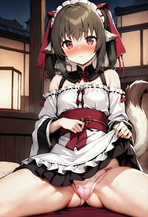 NSFW,masterpiece,Best Quality,High resolution,Very detailed,Nekone(Utawarerumono),Twin tails,Hair Ribbon,Red eyes,Animal ears,Tail,Classic maid outfit,Shoulder Bare,Maid Headband,mini skirt,Pink lace panties,Luxurious mansion,Japanese-style room,Brothel,Ni...