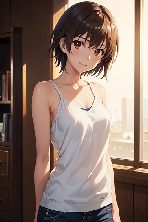 misaka mikoto、Shiny Hair, Short Hair, (Beautiful brown eyes、Sparkling eyes, Fine grain、The perfect highlight)、smile、Ultra-detailed eyes、Highly detailed face, Highly detailed eyes,Cowboy Shot、



High resolution 8K, Viewer discretion advised, Bright lightin...