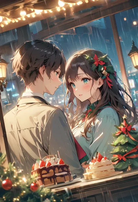 （masterpiece、high quality、details、8k）、Couple in their 20s、Beautiful girl and（Details of the two、Beautiful Face、Beautiful Eyes、White skin、Smooth Hair、Highlights、lips、Slender、cute、）、Two people holding umbrellas in the rain、Facing each other and saying goodby...