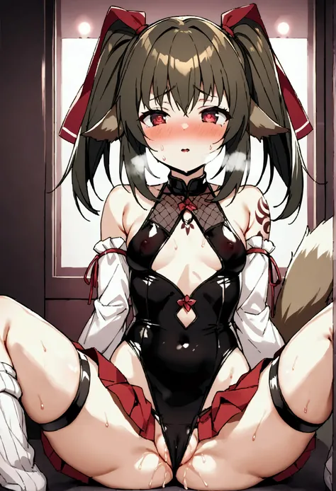 NSFW,masterpiece,Best Quality,High resolution,Very detailed,Nekone(Utawarerumono),Twin tails,Hair Ribbon,Red eyes,Animal ears,Tail,leotard,mesh,Chest cut-in,Shoulder Bare,Removable sleeves,mini skirt,Knee-high socks,Groin,Tattoo on thigh,blush,Lustful face...