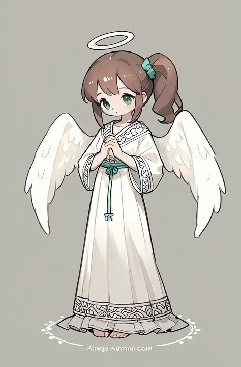 1 Girl，whole body，Brown side ponytail，Green eyes，Angel Wings，Angel Hattle white long skirt，Greek style robe，pray，whole body，barefoot，Monochrome background，Drawing style，（Brown hair）