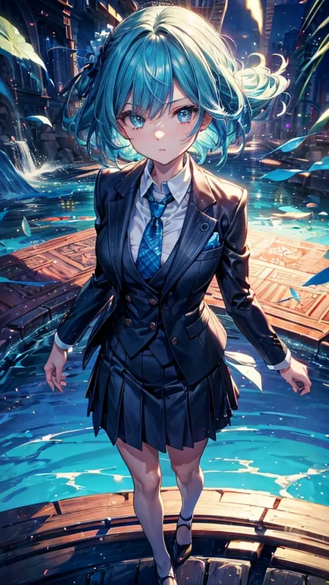 (Suit-wearing anime character:1.2, stylish tie, standing confidently) BREAK (elegant shoes, sleek hairstyle, captivating eyes:1.1, charismatic expression) BREAK (vibrant blue background:1.3, abstract patterns:1.0, subtle swirls) BREAK (anime style:1.2, car...