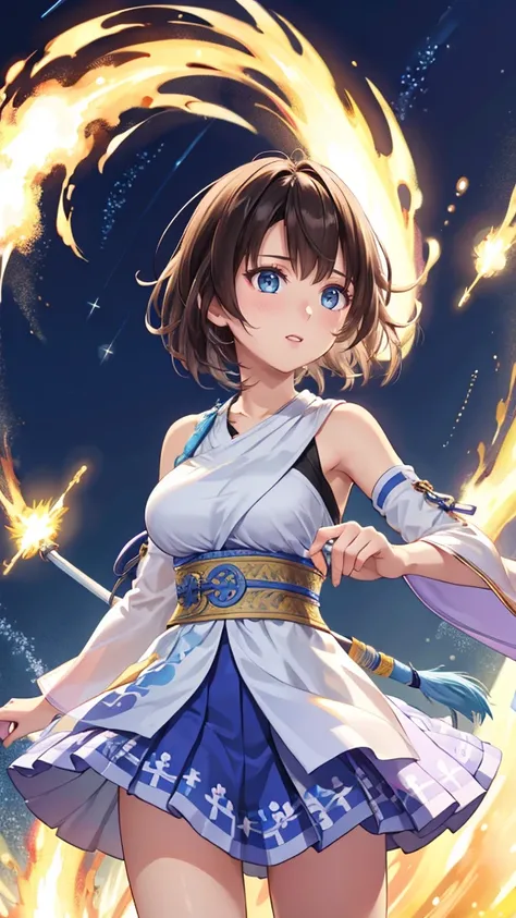 (1 girl),(high quality), (High resolution), (Very detailed), (8k),(Lower body shot),(CG illustration)Yuna FFX、Heterochromiashort hair,Yuna FFX、Heterochromia、short hair、Yuna Outfit、Hair Accessories、Removable sleeve、In the same way、band、In the same wayスカート、L...