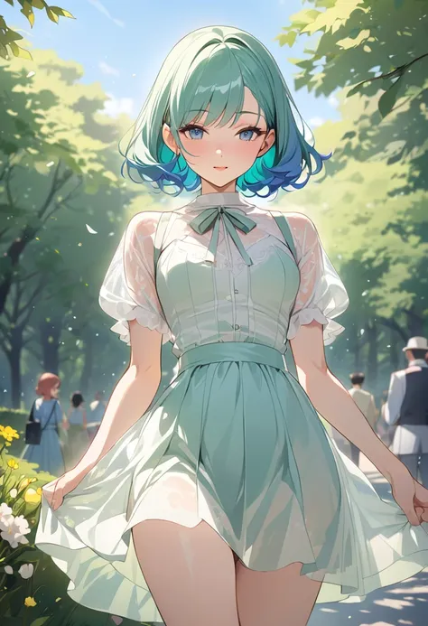 masterpiece, Top-class, Spring Dresses, Colored Hair, Outdoor, Anime Style, Sheer short skirt,, suspenders, Light tulle, Wide Hips, Narrow waist, Smooth, soft and delicate skin