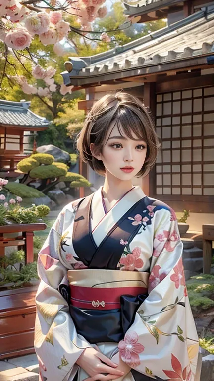 Best Quality, Realistic, photoRealistic, Award-winning photo, (Japanese Garden: 1.2), (Subtle details), (Intricate details), (Cinematic Light, Super sexy short hair woman, Kyoto tea garden、Big, firm and bouncy breasts, Dynamic sexy pose,  Young kimono woma...