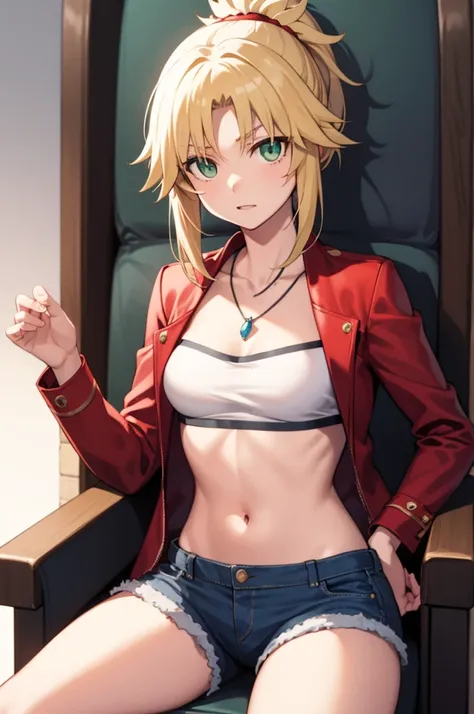 modred, (green eyes:1.5), ponytail, short hair red scrunchie, hair scrunchie, (small breast:1.2), break blonde hair, denim short...