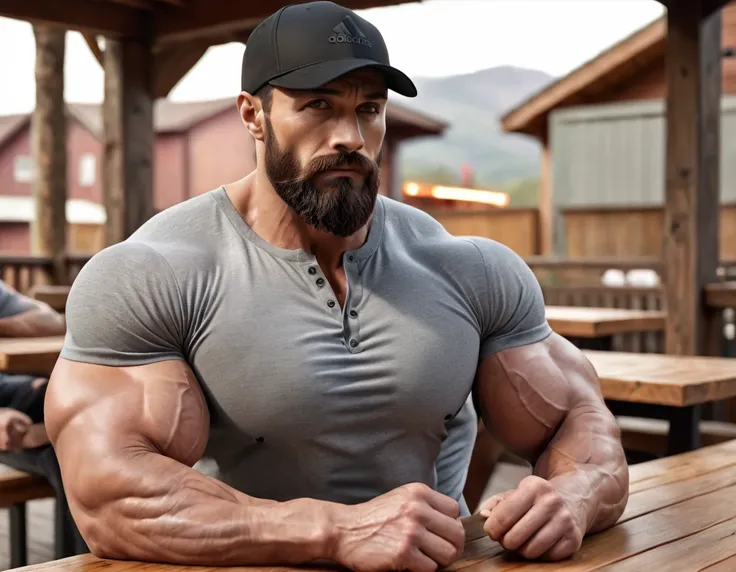 A hyper-realistic, ultra-masculine bodybuilder with exaggerated muscle size, wearing a tight grey henley shirt that emphasizes his massive chest and arms. He has a full, thick beard and is wearing a black Adidas cap. The setting is an outdoor restaurant wi...