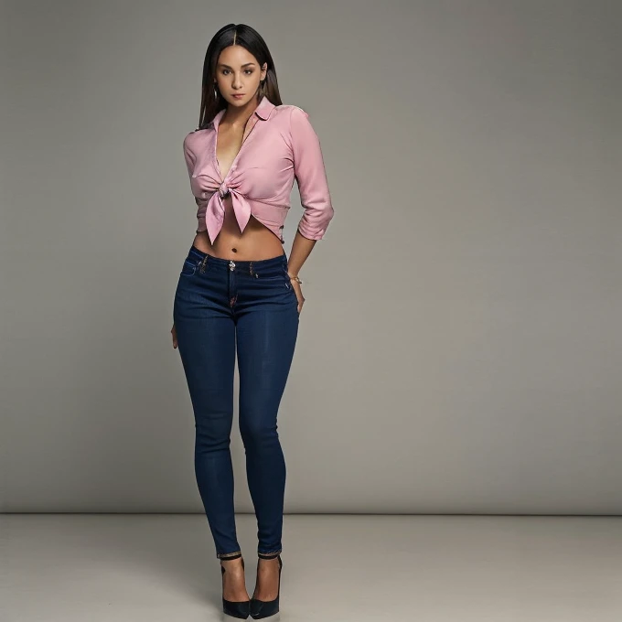 Acurate, Aimee Carrero、Black hair、black eyes、Semi-long、setting hair、Slender but well-proportioned muscular body、a smile、wearing a tie-front shirt、Abs are cracked、The navel is visible、Wearing pink high heels、wearing very tight blue skinny jeans.、Breasts are...