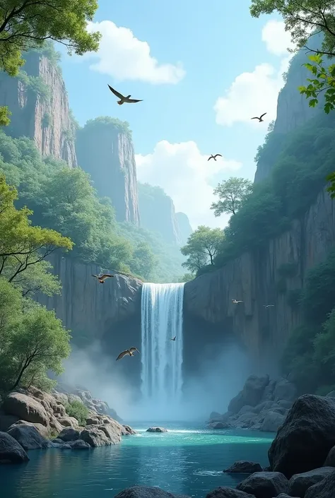 Create a 4k image of a passage with a waterfall in the background and birds flying