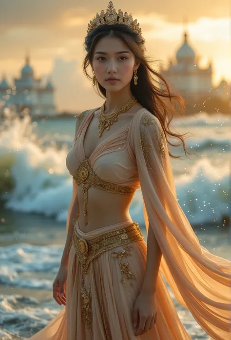 1 girl,Hanfu,Practical,
A captivating close-up photograph of a stunning beauty young indonesian woman wearing luxury outfit and tiara With slightly wavy black hair, Shawl at hips，Golden jewels complete her majesty. Her shawl flew away. She is looking at th...