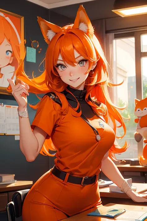 Perfect face. Perfect hands. An orange haired woman with copper eyes and an hourglass figure with orange fox ears and an orange fox tail in a school nurses uniform is smiling while with a bandage in her hands in the school nurses office