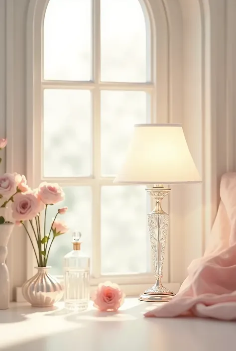 The sunlight shines softly、Elegant Interior Scene。The crystal-decorated lamp reflects light.、Pale pink flowers々and glass ornaments are elegantly lined up.。The overall look was unified with white and transparent items.、Beautifully designed space。