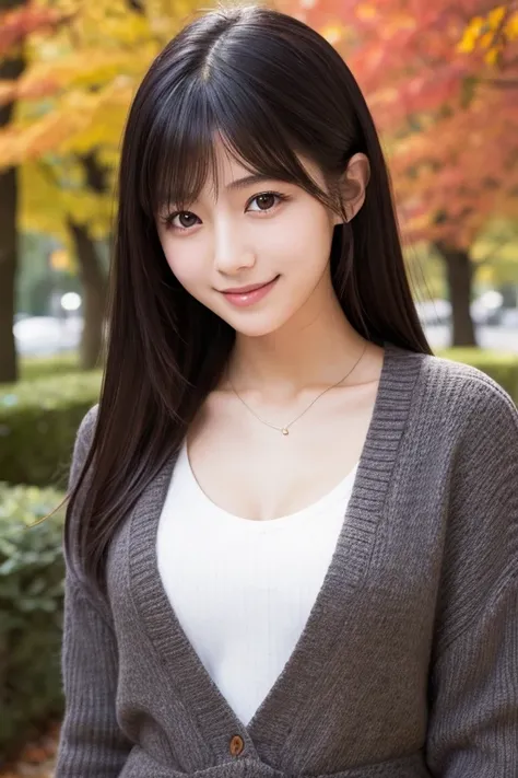 One girl, High resolution, Best Quality, Kasumi Arimura,Japanese,Black Hair, Around 20 years old,Shortcuts, smile, chest,Autumn outfit
