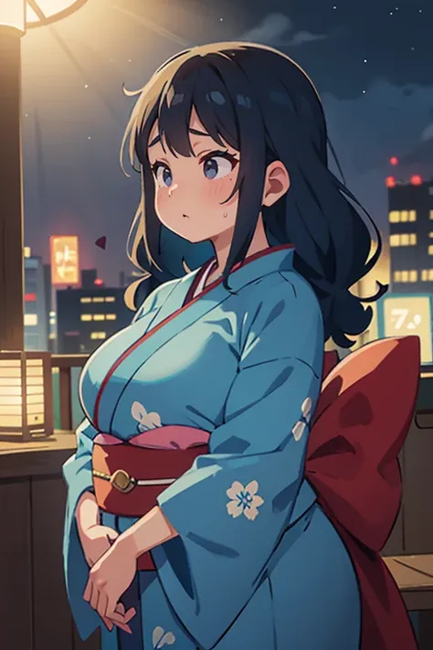 Chubby,Plump,woman,Perm Hair,Blue Hair,defenseless,adult,aldult,Age 35,kimono,Mature Woman,Aunt,Sweating,heart,Heavy breathing,solo,Night City