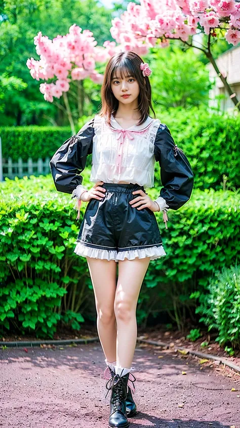 (8k、RAW Photos、Best Quality、masterpiece:1.2)、(Realistic、Realistic)、1 person、((See-through、Frills、Medium Hair、Ribbon on chest、Pink and black shorts、Thin legs、boots、View from the front、Looking into the camera、garden、Stand with hands on hips))、cute