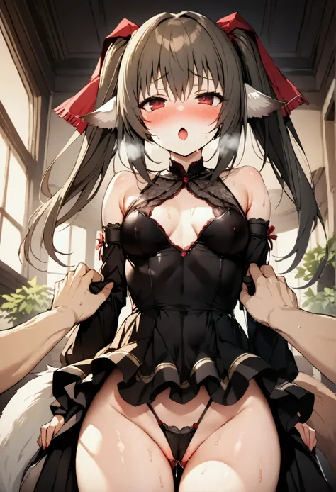 NSFW,masterpiece,Best Quality,High resolution,Very detailed,Nekone(Utawarerumono),Twin tails,Hair Ribbon,Red eyes,Animal ears,Tail,lace evening dress,Chest cut-in,mini skirt,blush,Lustful face,Wisdom face,In heat,Heavy breathing,Luxurious mansion,Party Ven...