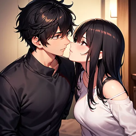 A handsome young man with a cold face. A short black haired girl kisses a long dark brown haired girl gently in her bedroom in the romantic atmosphere of the night.