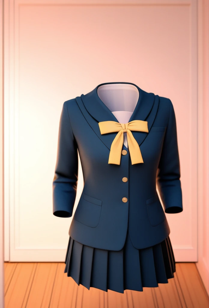 "A detailed 3D rendering of a traditional Japanese school uniform (seifuku) floating without a body. The outfit includes a navy blue pleated skirt and a matching blazer with a sailor collar, accented by a beige scarf tied at the chest. The scene is set in ...