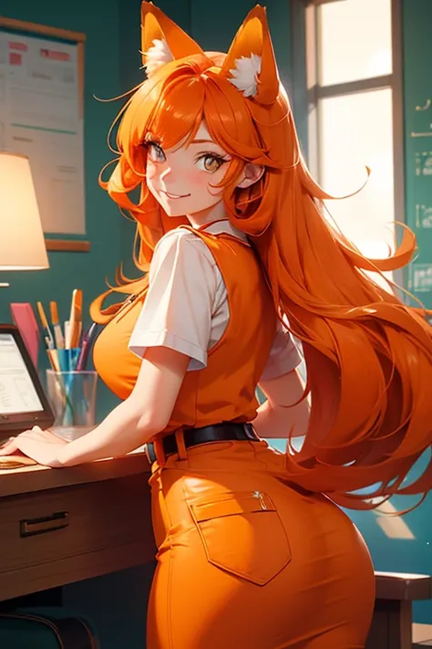 Perfect face. Perfect hands. An orange haired woman with copper eyes and an hourglass figure with orange fox ears and an orange fox tail in a school nurses uniform is smiling while leaning forward in the school nurses office