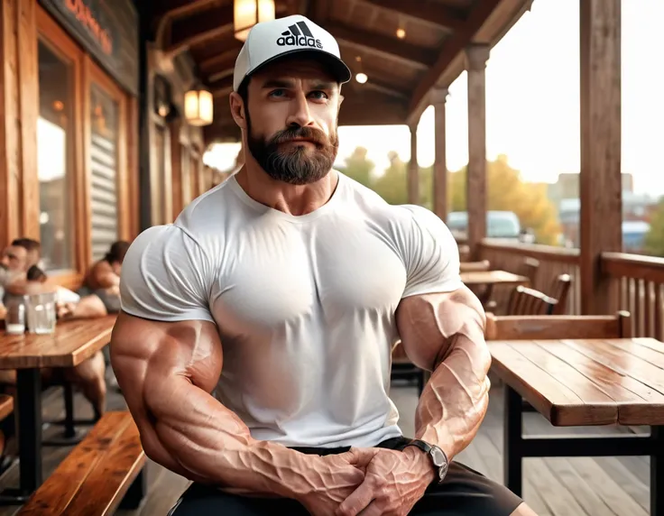 A hyper-realistic, ultra-masculine bodybuilder with exaggerated muscle size, wearing a tight white T-shirt that emphasizes his massive chest and arms. He has a full, thick beard and is wearing a black Adidas cap. The setting is an outdoor restaurant with a...