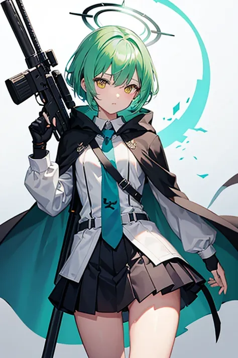 Long sleeve white shirt、Light green short hair、Blue tie、Checked black skirt、Yellow Eyes、Black fingerless gloves、Hooded cloak、Halo、Sniper rifle