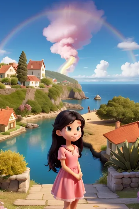 A  with golden eyes, long black hair, wearing a pink dress, with an 80-year-old grandfather and 2-3 friends, all , and there is a sea near the house, with a rainbow.