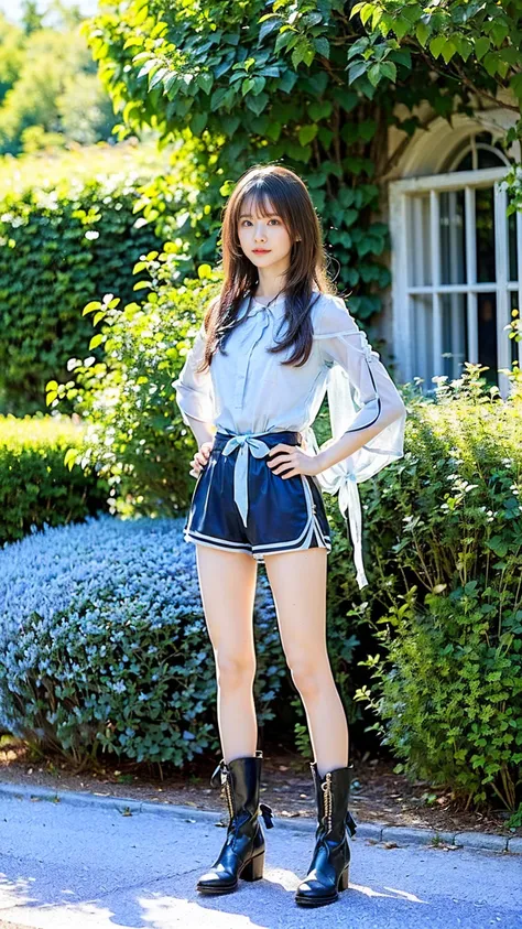 (8k、RAW Photos、Best Quality、masterpiece:1.2)、(Realistic、Realistic)、1 person、((See-through、Medium Hair、Ribbon on chest、Light blue and black shorts、Thin legs、boots、View from the front、Looking into the camera、garden、Stand with hands on hips))、cute